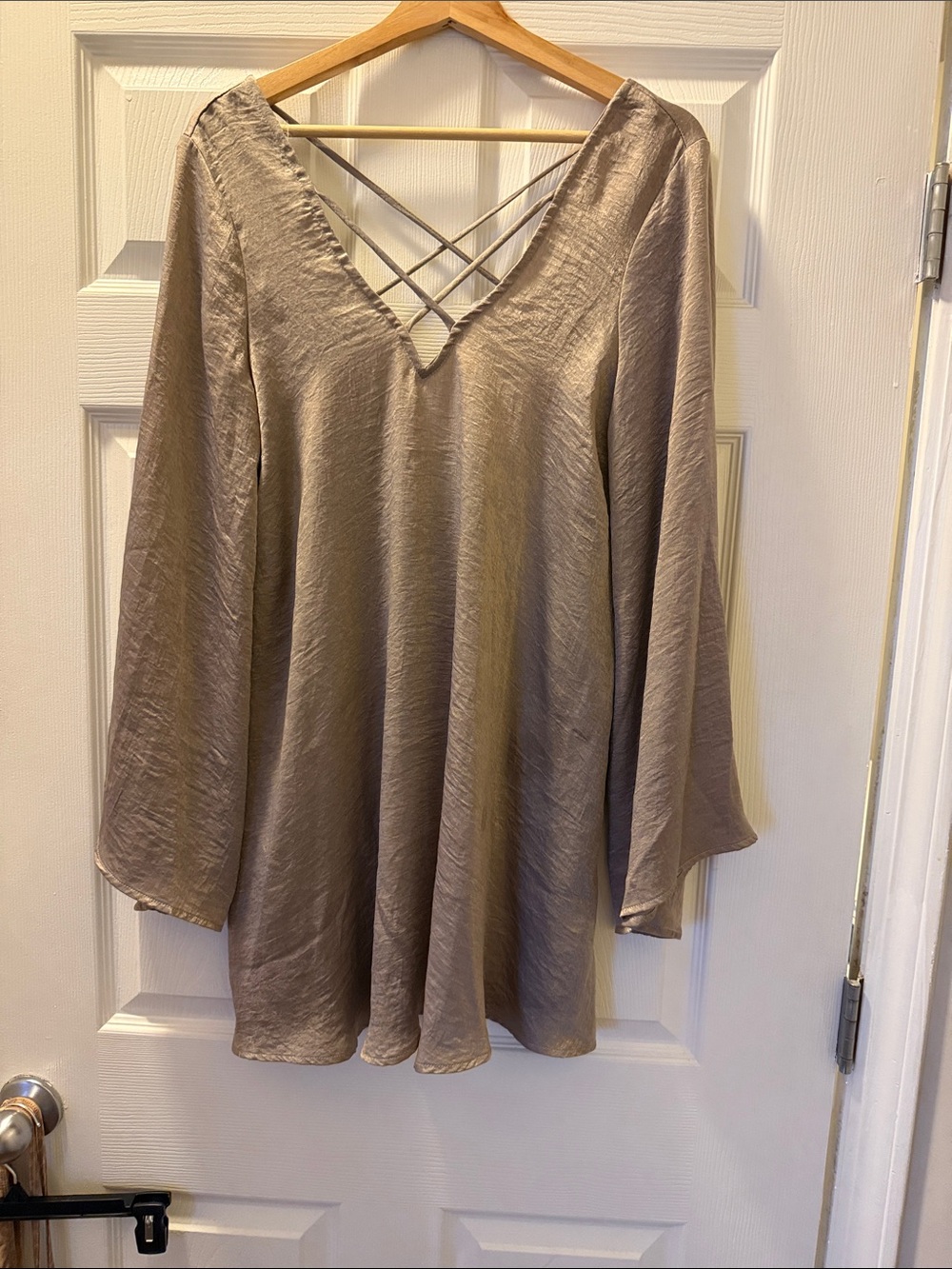 Show Me Your MuMu Taupe Satin V-Neck Long Sleeve Top with Crisscross Back